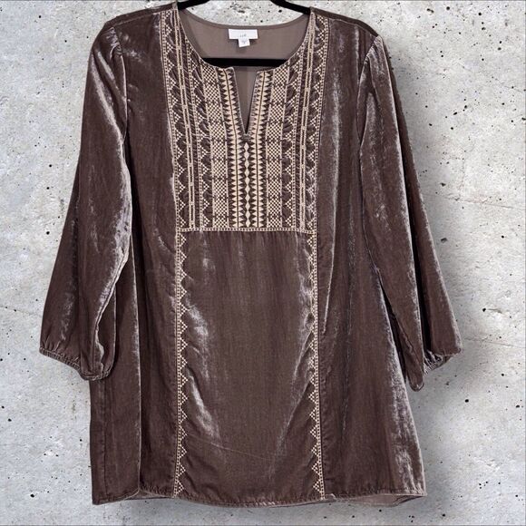 J Jill Embroidered Velvet Tunic Top Womens Medium Mocha Brown Taupe Boho Velour - Picture 7 of 12